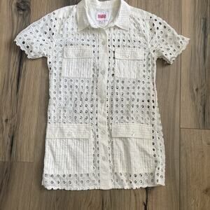 Solid & Striped Sz M Eyelet Cotton Short Sleeve Oxford Tunic Marshmallow Belted